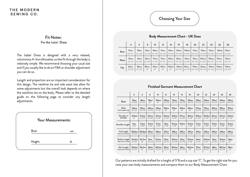 A sizing guide page for the Isabel Dress by The Modern Sewing Co. showing fit notes, a body measurement chart for UK sizes, and a finished garment measurement chart with body and waist measurements.