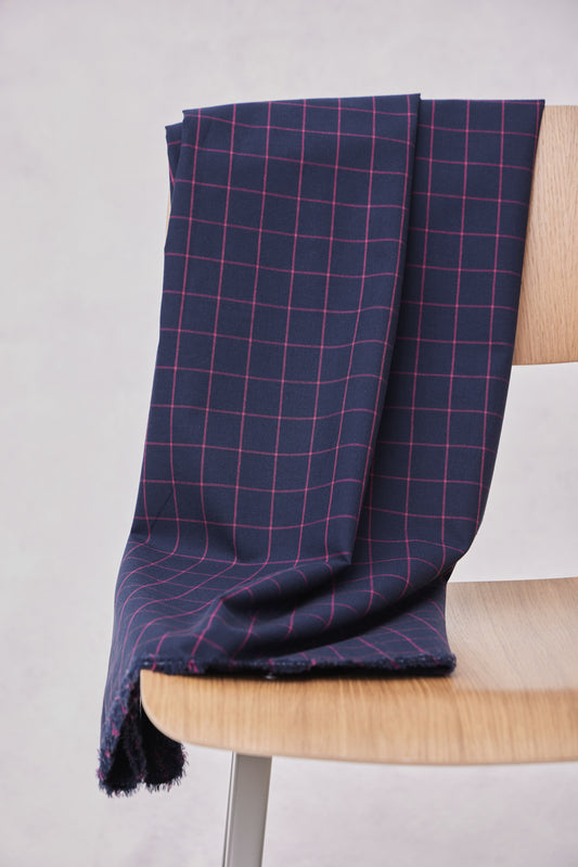 ORGANIC COTTON OXFORD | Indigo Night/Fuchsia Grid (Remnant 1.4M)
