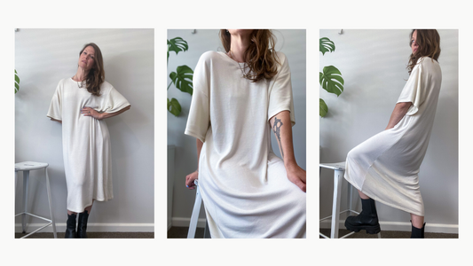 3 images of a woman standing and sitting in different poses wearing a long cream coloured tshirt dress and black boots