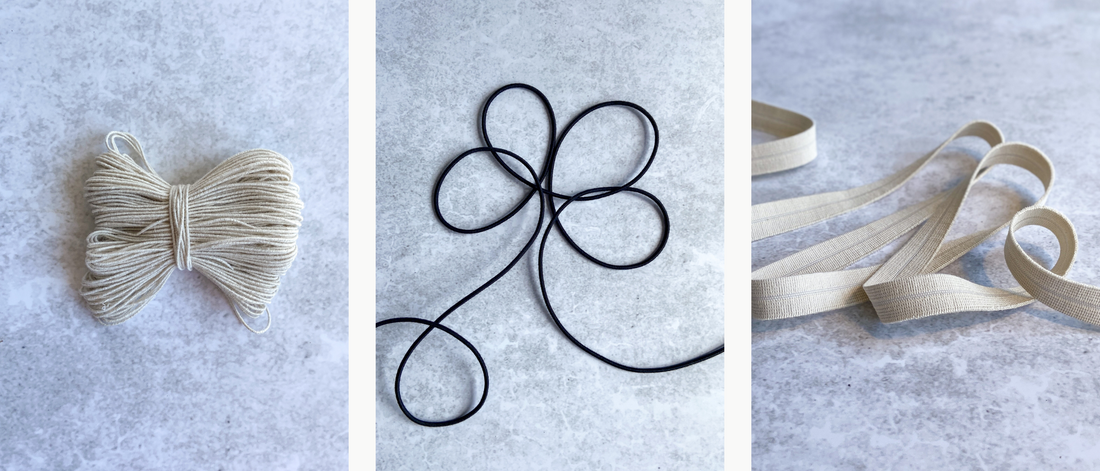 Three images of different types of elastic against a concrete background