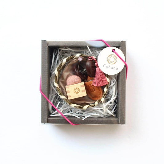 Boxed gift set including cohana pin cushion in pink, mini scissors with pink tassel and small woven basket