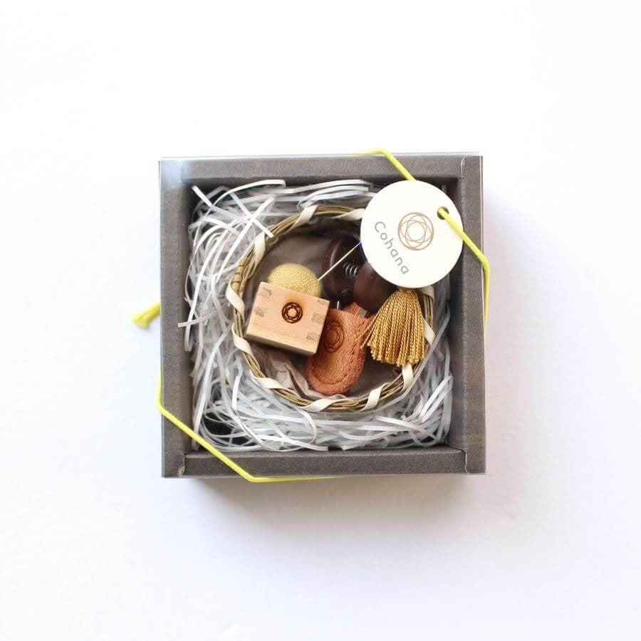 Cohana gift set of small woven basket, yellow pin cushion and mini scissors with yellow tassel