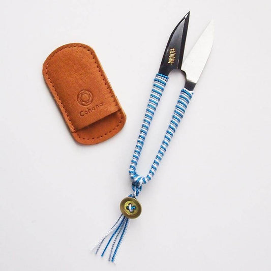 Japanese needle snips wrapped in blue silk threads with leather case 