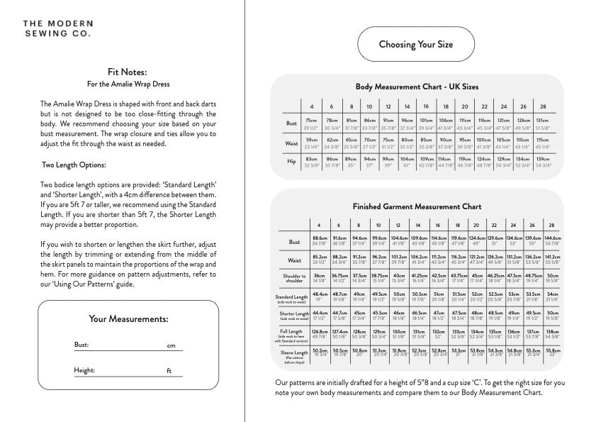 A printed sizing guide sheet for the Amalie wrap dress by The Modern Sewing Co. with fit notes, a body measurement chart in UK sizes, and a finished garment measurement chart.