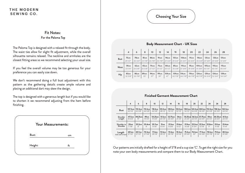 A two-page sewing pattern insert from The Modern Sewing Co. explaining fit notes for the Paloma Top and showing body measurement charts in UK and garment sizes.
