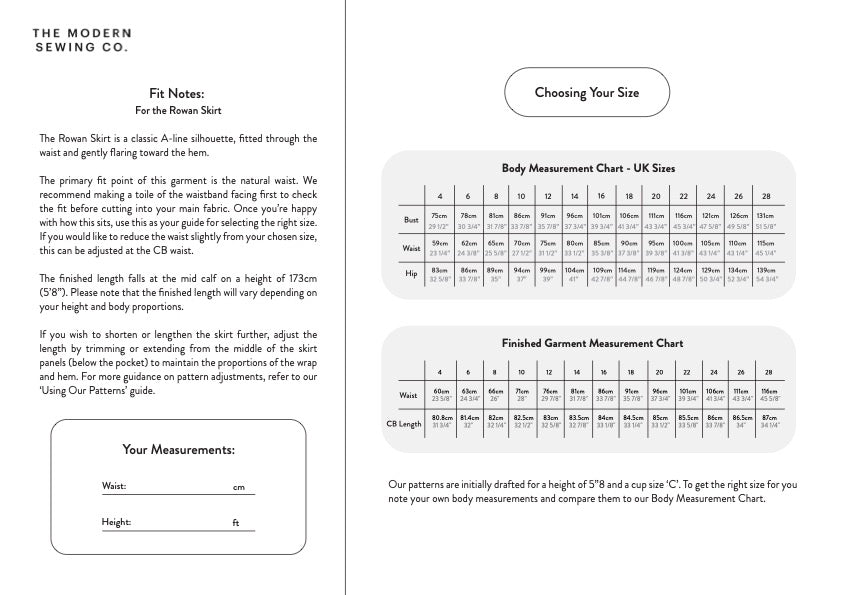 A fit and size guide sheet from The Modern Sewing Co. for the Rowan Skirt, featuring fit notes, a body measurement chart for UK sizes, a finished garment measurement chart, and a measurement table.