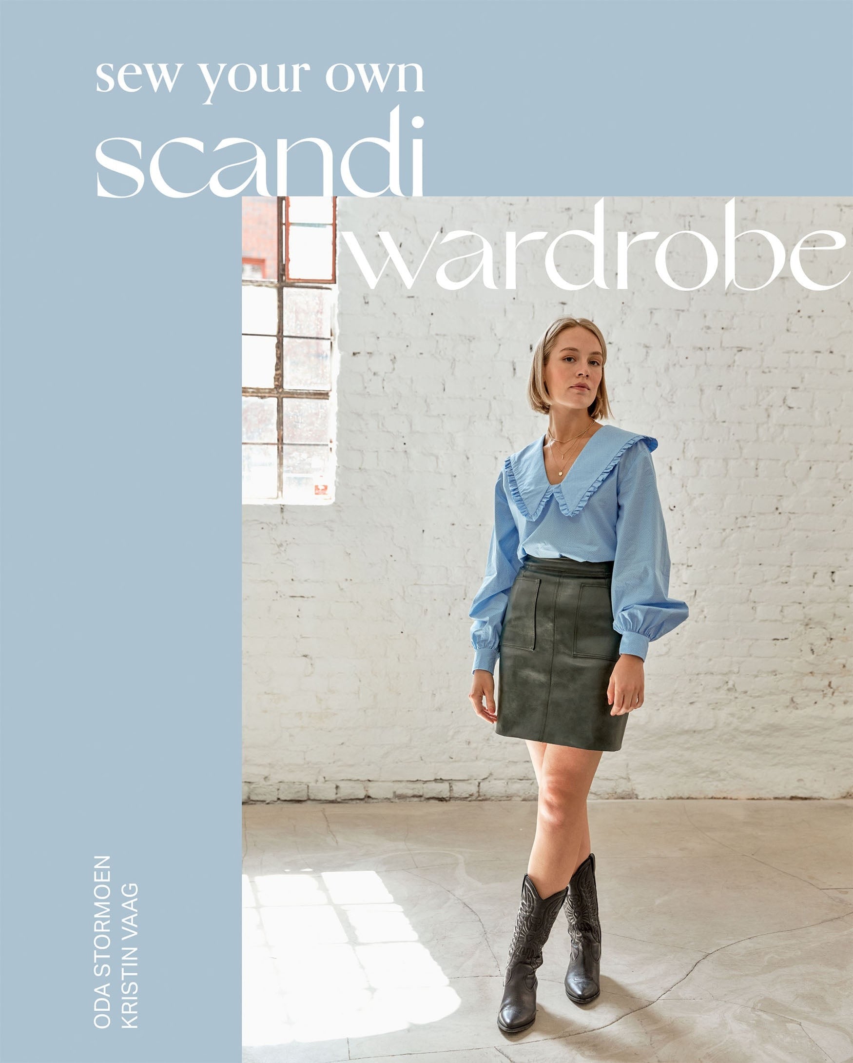 Book cover ‘sew your own scandi wardrobe’ with women standing in a blue shirt and black mini skirt